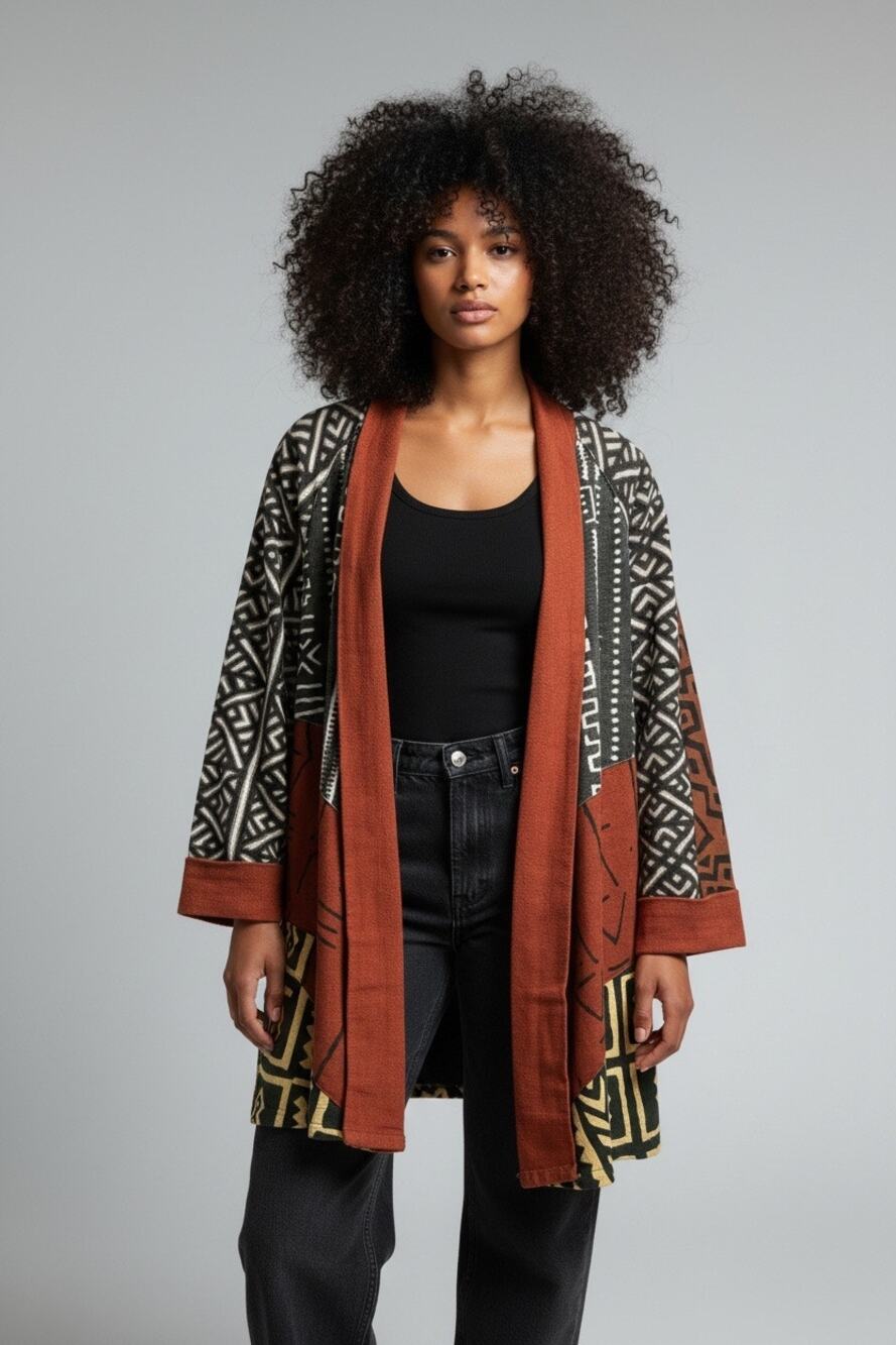 Vintage Authentic African Mudcloth Patchwork Kimono Jacket Bogolan Hand-Dyed
